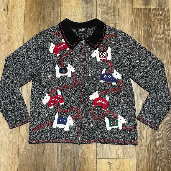 NWT Designer Originals Scottie Dog Holiday Knit Cardigan Sweater Sz M Embroidery - Picture 1 of 9